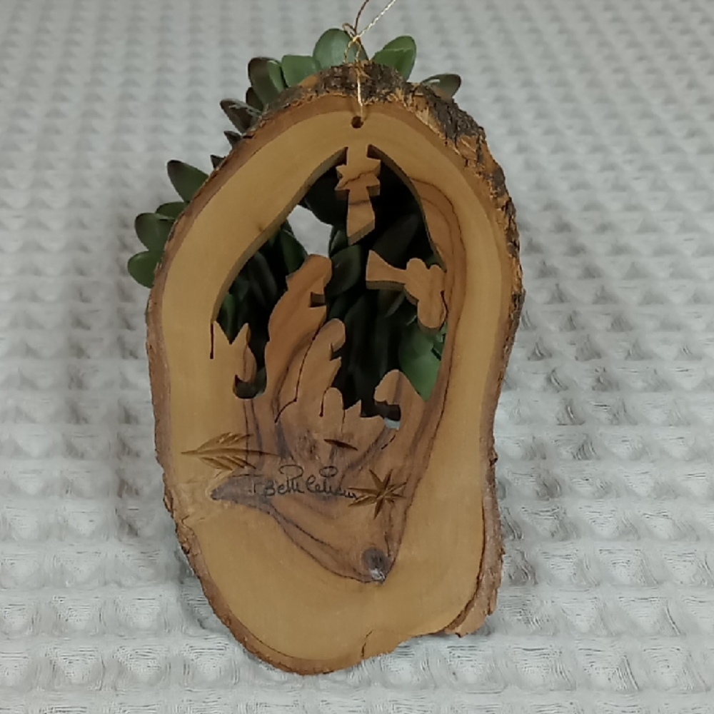 Vintage Live Edge Olive Wood Nativity Ornament Made In Bethlehem